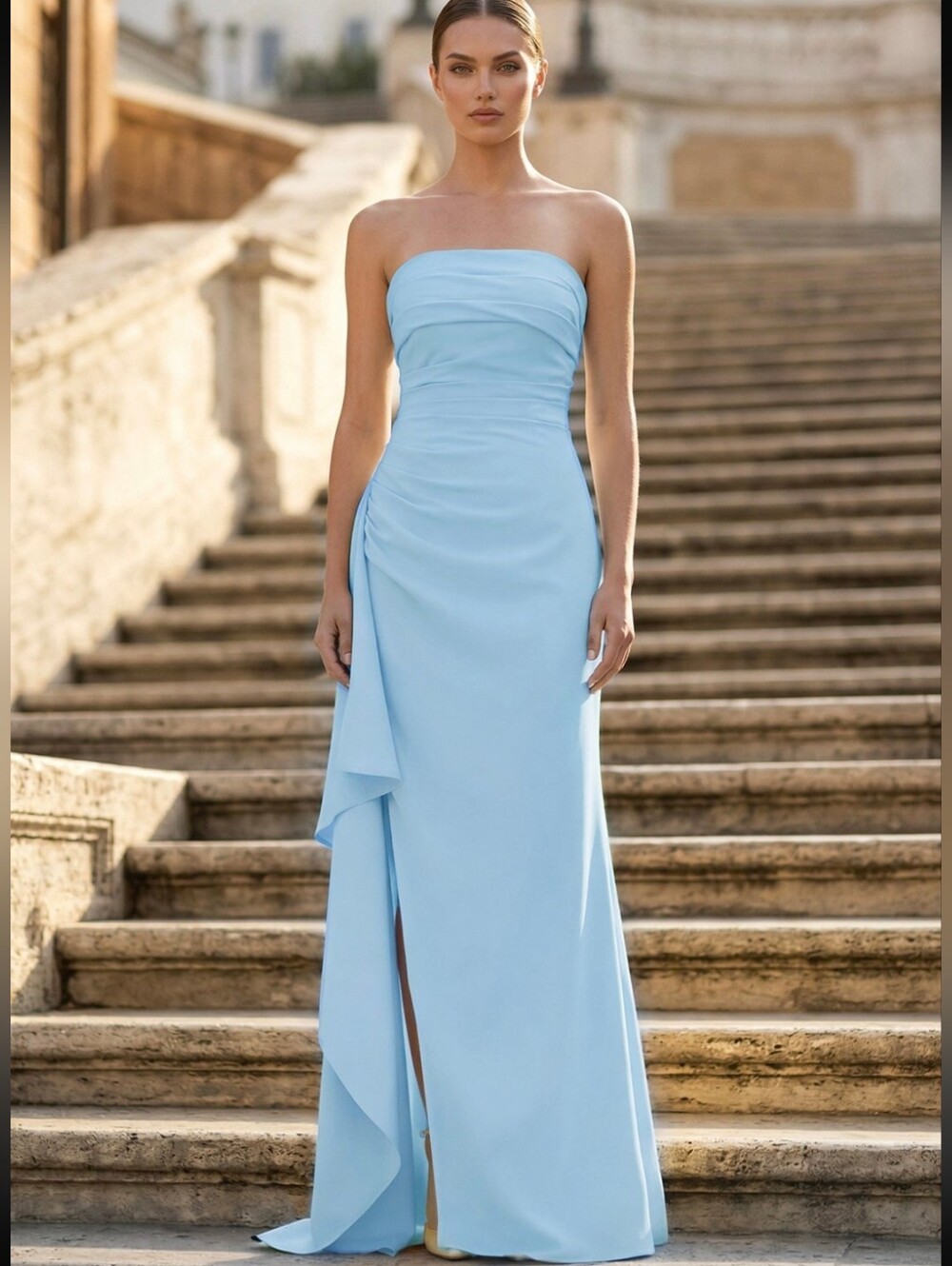 Strapless Light Blue Ruched Column Evening Gown